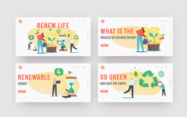 Fototapeta na wymiar Refresh and Renew Life Landing Page Template Set. Tiny Characters Restart Project with New Vision or Rework Strategy