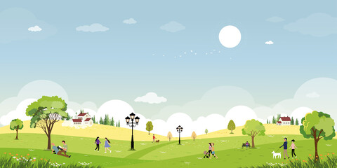 Spring landscape in public park with people relaxing outdoors in the garden.Cute cartoon spring time backdrop with green fields, wild flower and blue sky, Natural background for Summer banner