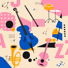  Music promotional poster with musical instruments colorful vector illustration. Guitar, trumpet, violoncello, clarinet, cymbal design for live concert events, music festivals and shows, party flyer © abstract