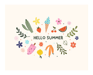 Obraz na płótnie Canvas Hand drawn hello summer flower, fruits, ice cream and leaves isolated on white background. Cute hygge scandinavian template for greeting card, t shirt design. Vector illustration in flat cartoon style