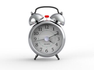 Steel chrome alarm clock on white isolated background