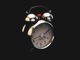 Steel chrome alarm clock on black isolated background