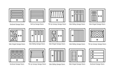 Garage doors half opened. Line icon vector set. Different types of warehouse or workshop gates. Exterior design elements. Isolated objects on white background