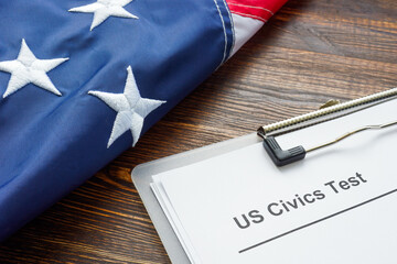 US Civics test for citizenship and USA flag.
