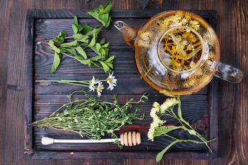 Healthy herbal tea concept, glass teapot with linden tea, mint, thyme and chamomile sprigs on a...