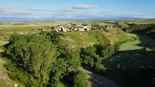 Aerial view of an abandoned and depopulated town in the province of Burgos, Spain. High quality 4k footage