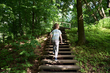 Fototapeta na wymiar Boy 9 years old walks on a wooden ladder in the forest in summer