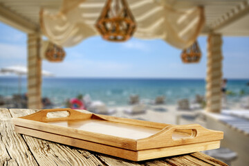 Desk of free space and blurred summer background 