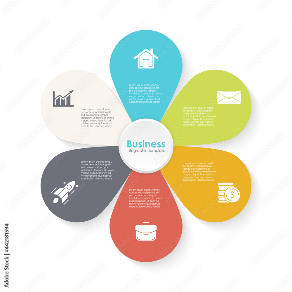 Wall mural Vector circle infographic template with 6 steps for diagram, graph, web design, presentation and round chart. Business flower concept.