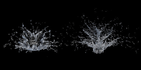 Water Splash with Droplets on Black Background. 3d illustration