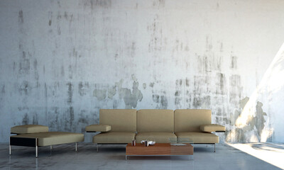 Modern loft living room interior and empty concrete wall background, 3d rendering