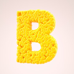 Letter B in a yellow sweet corn style. Vegetable alphabet or bubbles font. 3d rendering.