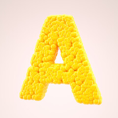 Letter A in a yellow sweet corn style. Vegetable alphabet or bubbles font. 3d rendering.