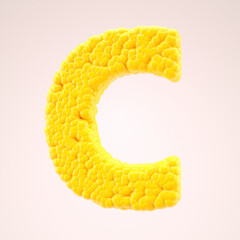 Letter C in a yellow sweet corn style. Vegetable alphabet or bubbles font. 3d rendering.