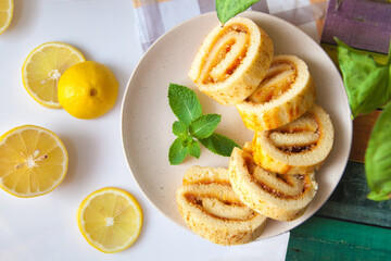 slices of pie with lemon and herbs on a plate