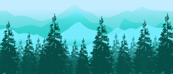 mountain landscape with misty fog illustration. blue mountain landscape panorama view.