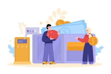 Economy on petrol and reducing payments for fuel vector illustration isolated.