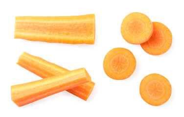 Sliced carrots set on a white background. Top view