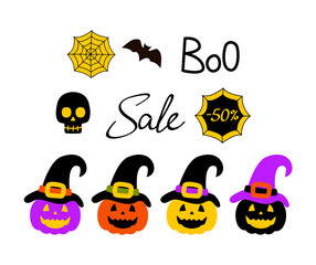 set of bright stickers for Halloween. collection of luminaries of jack in witch hat, hand lettering Sale.