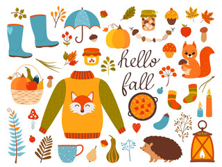 autumn icons set - maple leaves, mushrooms, coffee cup, pumpkin pie, candles, hedgehog, squirrel, pumpkin, fruit basket, rubber boots and umbrella.
