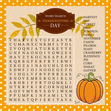 Thanksgiving Day Word Search Puzzle. Logic Game For Learning English Words. Holiday Festive Crossword.