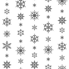 Winter seamless pattern with flat silver grey snowflakes on white background. New Year backdrop.
