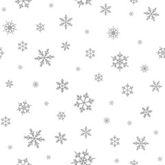 Winter seamless pattern with flat silver grey snowflakes on white background. New Year backdrop.