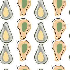 Vegeterian seamless pattern with beige and grey colored abstract avocado shapes. Isolated backdrop.