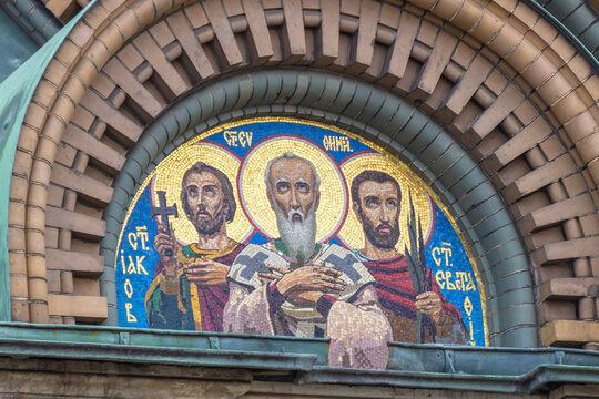 St.Petersburg, Russia - March 27, 2021: Mosaic images of saints on the walls of the Cathedral of the Savior on Spilled Blood in St. Petersburg.