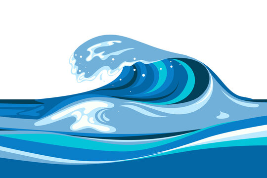 Tsumani wave background in flat cartoon style. Big blue tropical water splash with white foam. Vector illustration