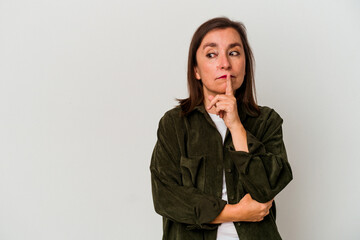 Middle age caucasian woman isolated on white background looking sideways with doubtful and skeptical expression. - obrazy, fototapety, plakaty