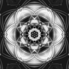 hexagonal kaleidoscopic design in pure black and white with few shades of grey 
