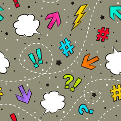 Obraz premium Seamless vector pattern of comics marks. Dark background with arrows, exclamation marks, question marks, speech bubbles, hashtag. Vector illustration for banner design, web design, covers and backdrop