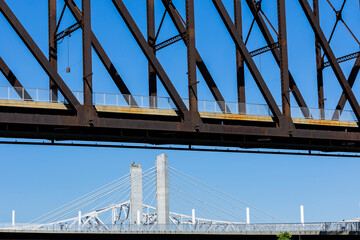 Structure of three bridges in Louisville, Kentucky over the Ohio River.