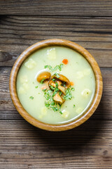 Creamy mushroom soup in a bowl on wooden background. Top view, space for text.