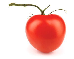 The ripe red tomato on the branch is isolated on a white background. Full clipping path.