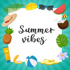 A square postcard with a green striped frame and the words Summer vibes. Summer decorative elements, sunscreen, flip-flops, palm leaf, watermelon, cocktail, coconut, mango. Vector illustration.Flat
