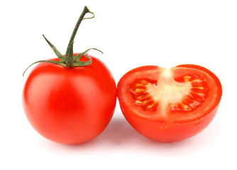 Juicy red tomato with half is isolated on a white background. Full clipping path.