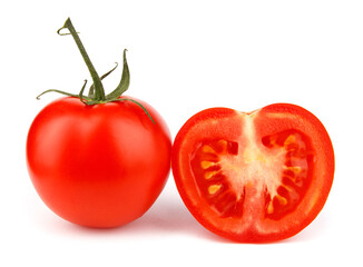 Juicy red tomato with half is isolated on a white background. Full clipping path.