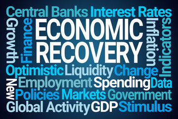 Economic Recovery Word Cloud on Blue Background