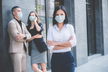 business cooperation startup, colleague businessperson wearing face mask when going to a meeting, safety protection from coronavirus COVID-19, pandemic prevention of corona virus flu