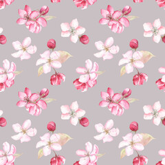 Fresh and neutral seamless pattern with apple blossom; watercolor hand painted elements on a warm gray background. For fabric, wrapping paper, wallpaper, stationery, fashion design, packaging.
