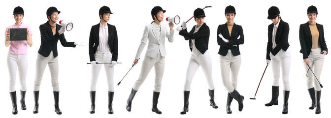 Set of female jockey on white background