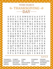 Thanksgiving Day word search puzzle. Logic game for learning English words. Holiday festive crossword. Printable activity sheet. Vector illustration. Worksheet about autumn