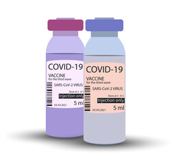 Vaccine against COVID-19 infection. Two glass ampoules, red and blue.
