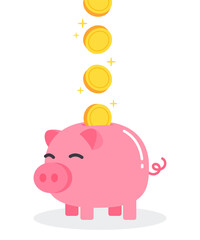 Golden coins falling into pink piggy bank. Creative financial concept of savings or deposit money. Wealth or rich. Simple trendy cute cartoon vector illustration. Flat style graphic design element.