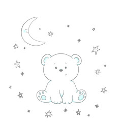 cute little polar bear sits, stars and moon in the sky. Baby poster, postcard