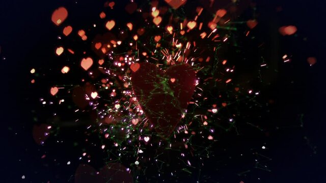 Animation of red hearts and glitter falling on black background