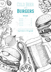 Beer and burgers vector illustration. Fast food, junk food frame. Pub food menu. Elements for burgers restaurant menu design. Engraved image, retro style.