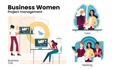 Business women.
Strong modern female business character set. Project management, Tutor, Team Call, Meeting. Modern vector Style, isolated on white.